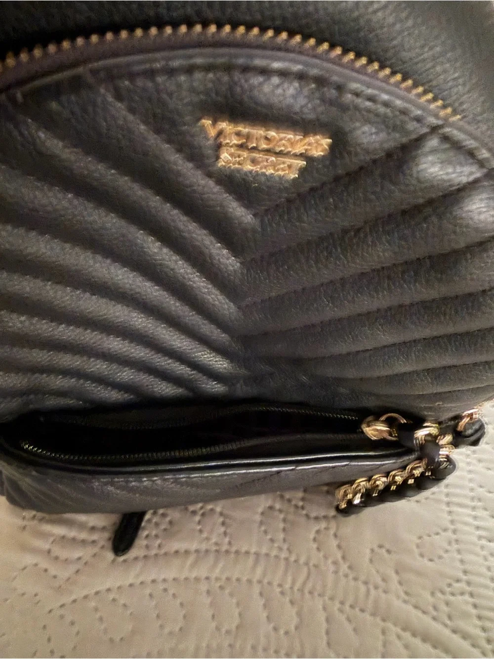 Victoria's Secret Black Quilted Mini Backpack with Gold Chain Accent